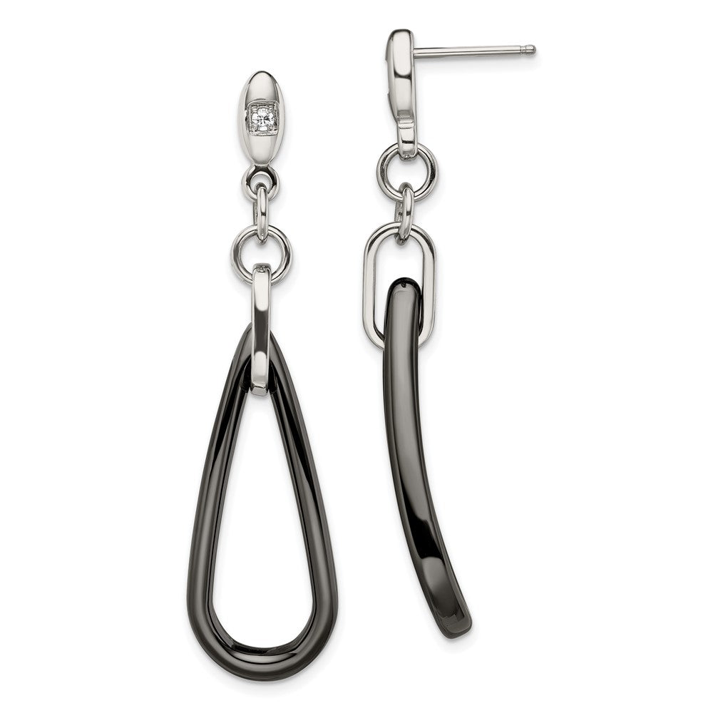 Chisel Stainless Steel Polished with Black Ceramic & CZ Dangle Post Earrings