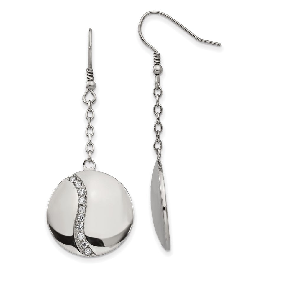 Polished w/ CZ Dangle Shepherd Hook Earrings in Stainless Steel