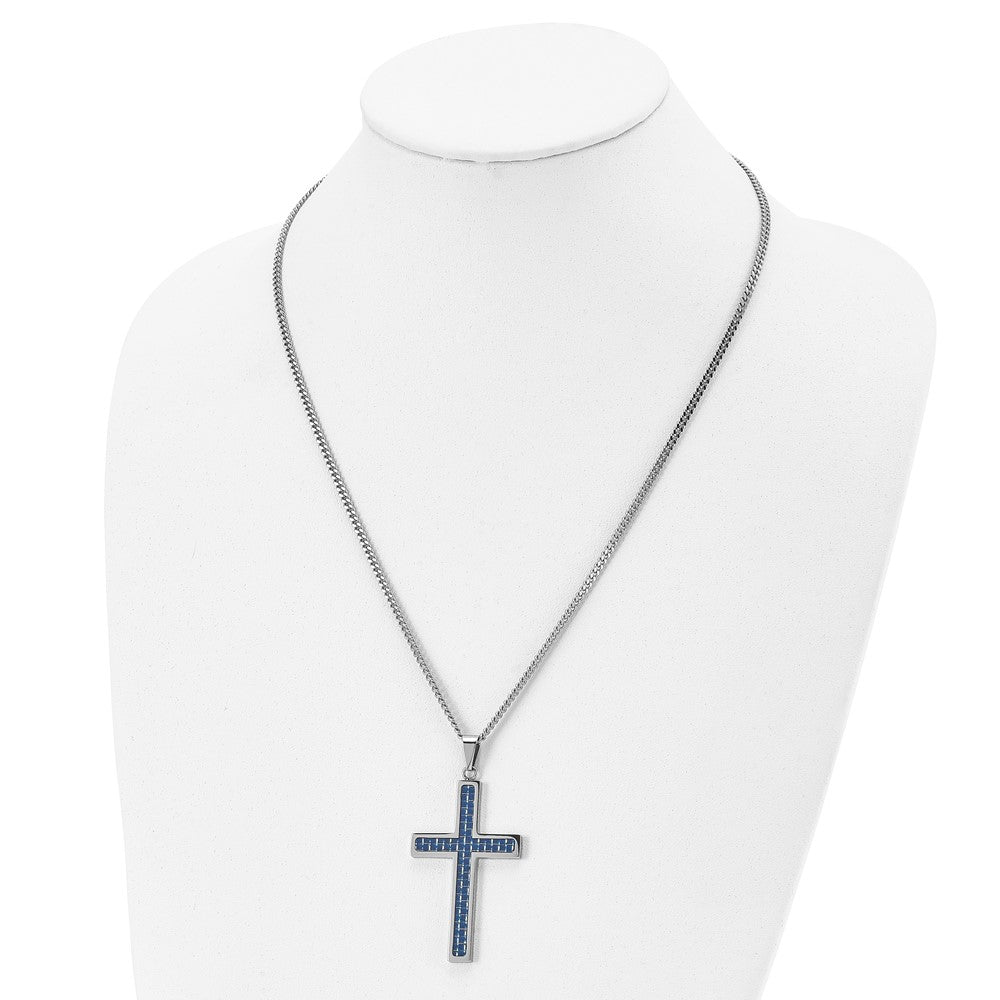 Chisel Stainless Steel Polished with Blue Carbon Fiber Inlay Cross Pendant on a 22-inch Curb Chain Necklace