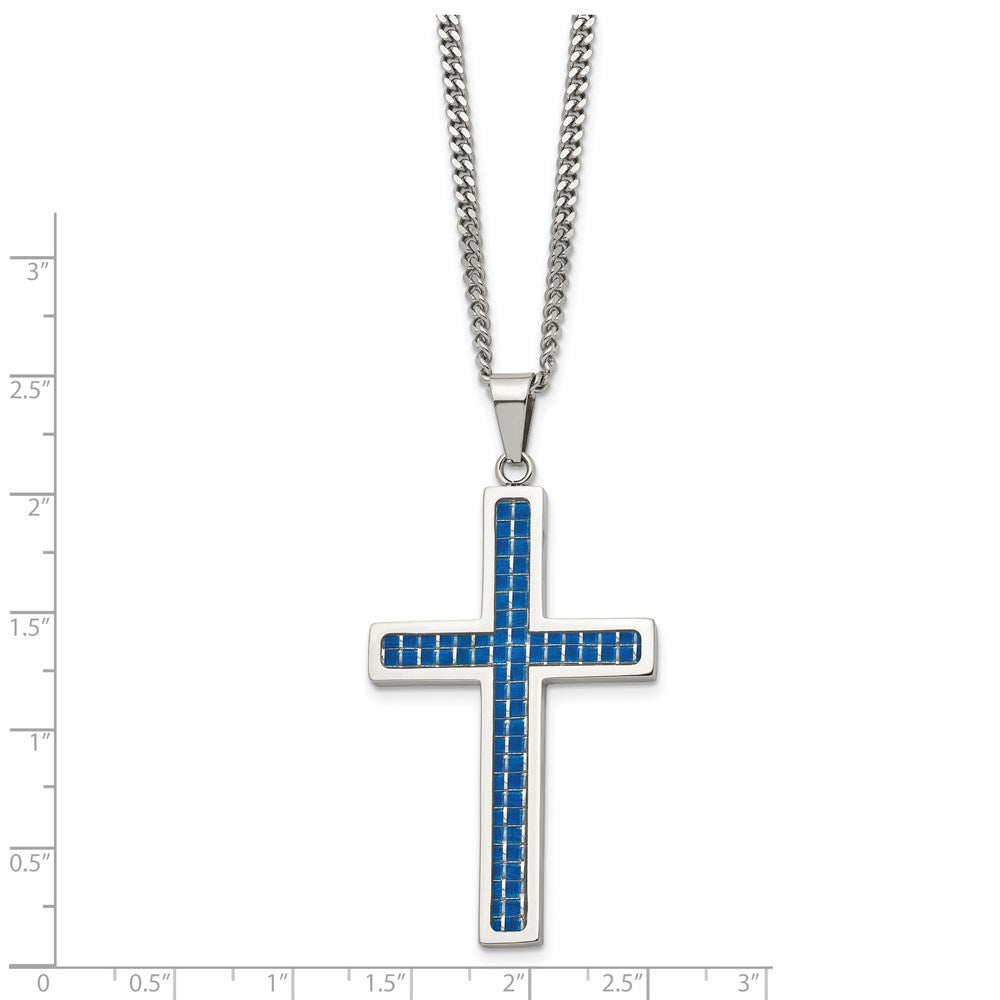 Chisel Stainless Steel Polished with Blue Carbon Fiber Inlay Cross Pendant on a 22-inch Curb Chain Necklace