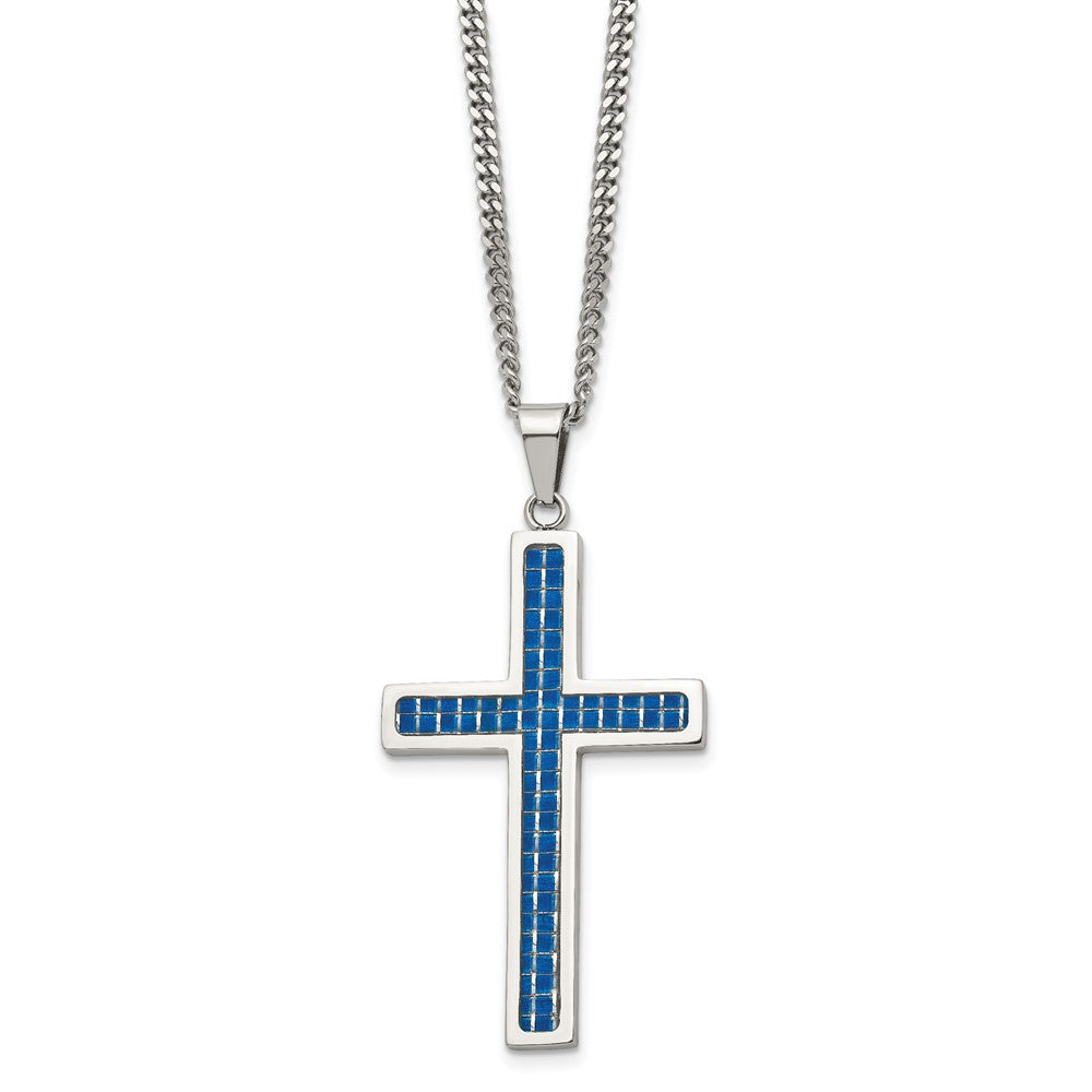 Chisel Stainless Steel Polished with Blue Carbon Fiber Inlay Cross Pendant on a 22-inch Curb Chain Necklace