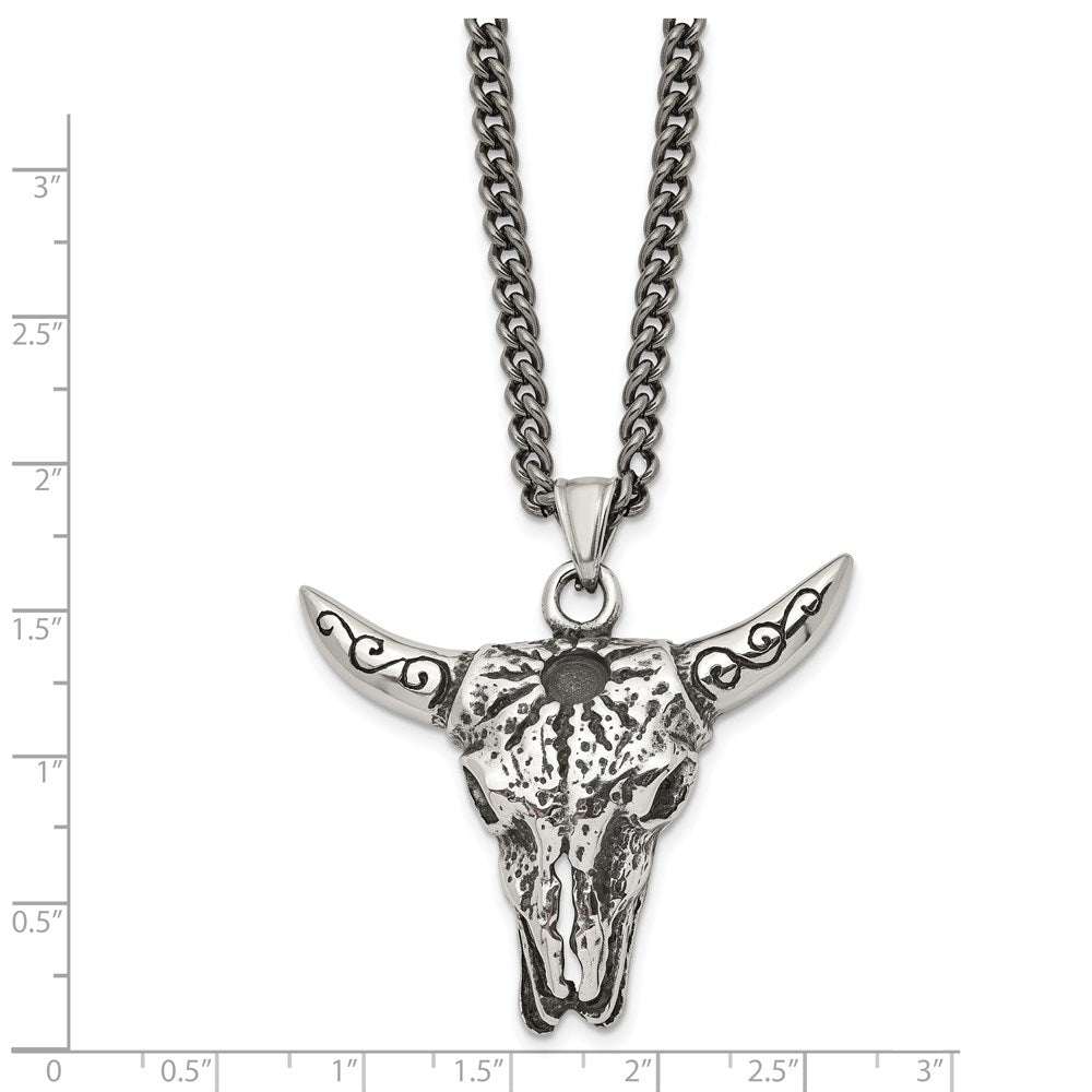 Chisel Stainless Steel Antiqued Polished & Textured Bull Skull Pendant on a 20-inch Curb Chain Necklace