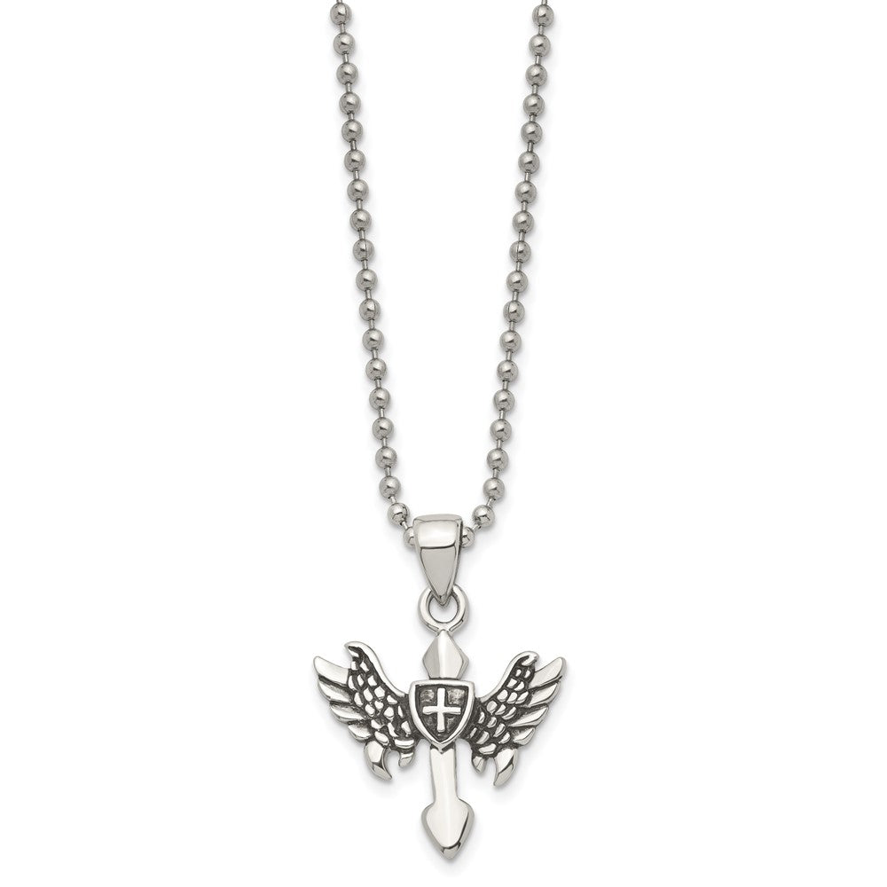 Chisel Stainless Steel Antiqued & Polished Cross with Wings Pendant on a 20-inch Ball Chain Necklace