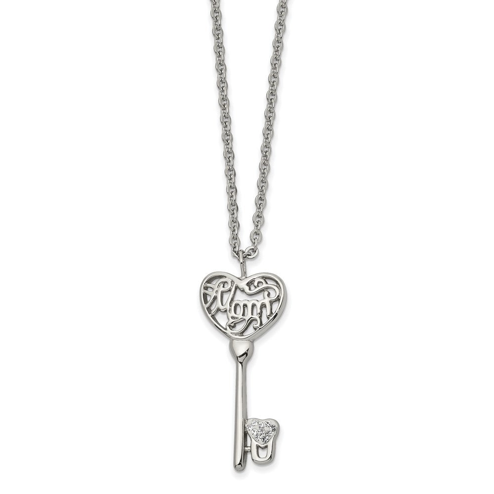 Chisel Stainless Steel Polished Clear Crystal Mom Heart Key Pendant on a 20-inch Cable Chain Necklace