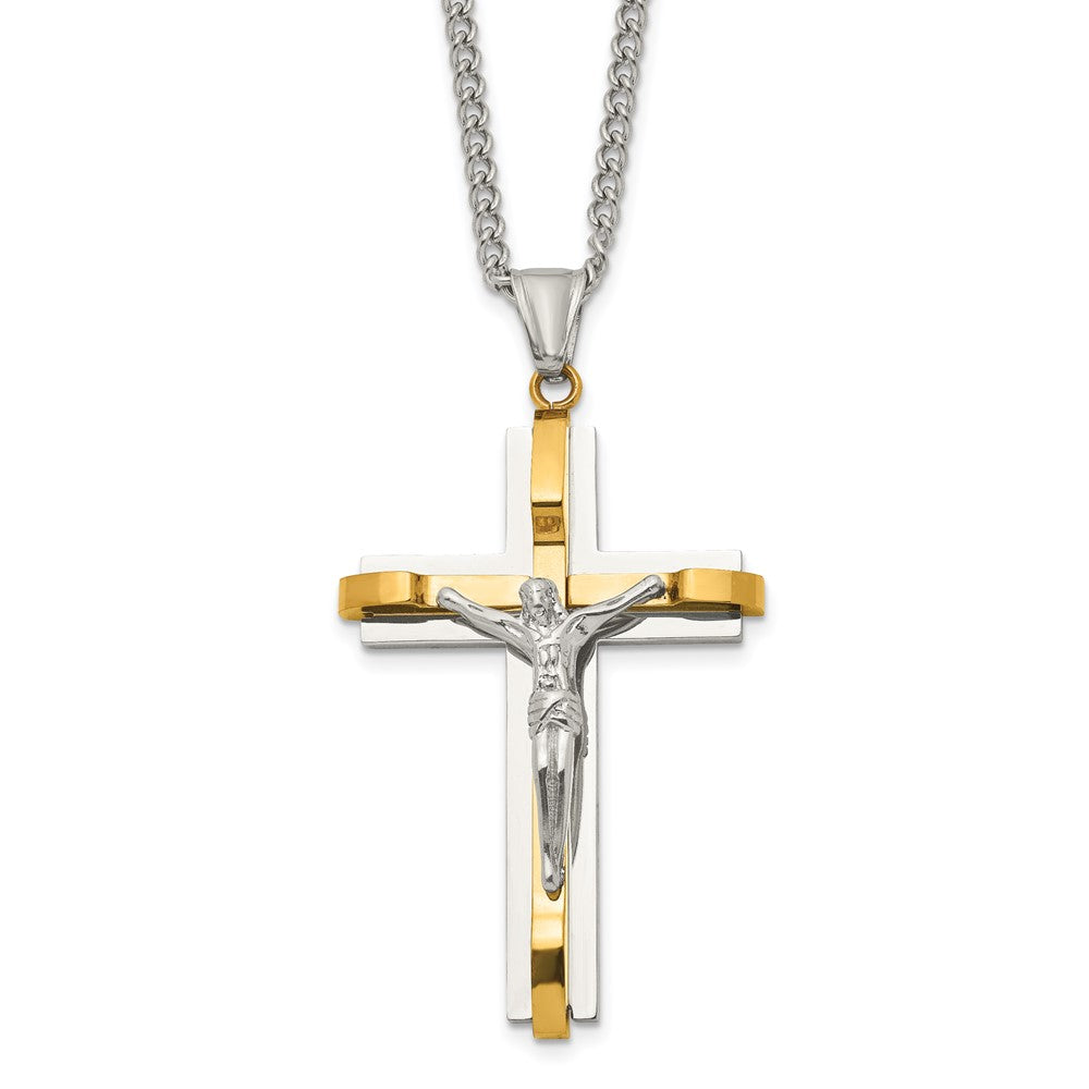 Chisel Stainless Steel Polished Yellow IP-plated Crucifix Pendant on a 24-inch Curb Chain Necklace