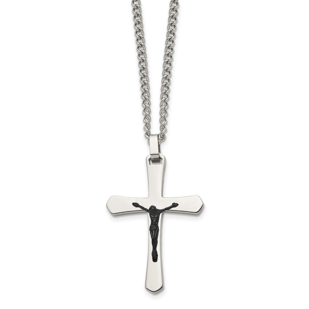 Chisel Stainless Steel Polished Black IP-plated Crucifix Pendant on a 24-inch Curb Chain Necklace
