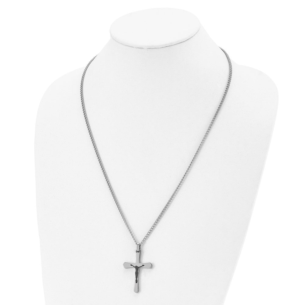 Chisel Stainless Steel Polished Black IP-plated Crucifix Pendant on a 24-inch Curb Chain Necklace