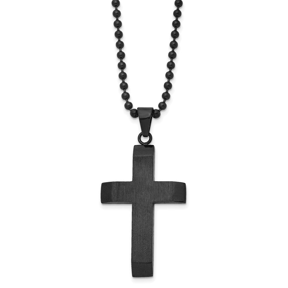 Chisel Stainless Steel Brushed & Polished Black IP-plated Cross Pendant on a 24-inch Ball Chain Necklace