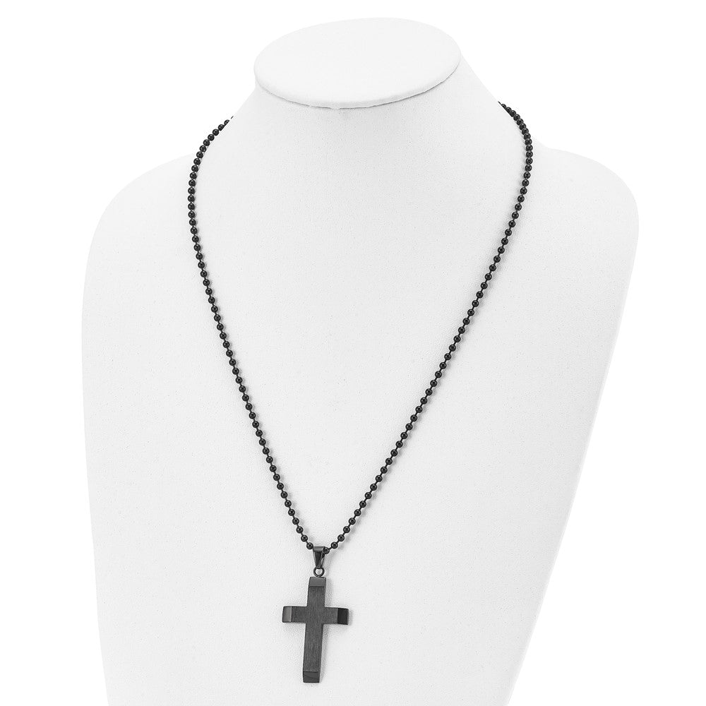 Chisel Stainless Steel Brushed & Polished Black IP-plated Cross Pendant on a 24-inch Ball Chain Necklace