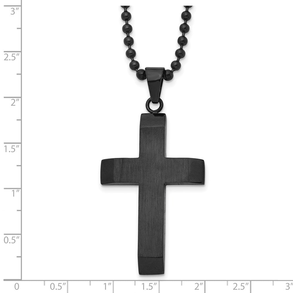 Chisel Stainless Steel Brushed & Polished Black IP-plated Cross Pendant on a 24-inch Ball Chain Necklace