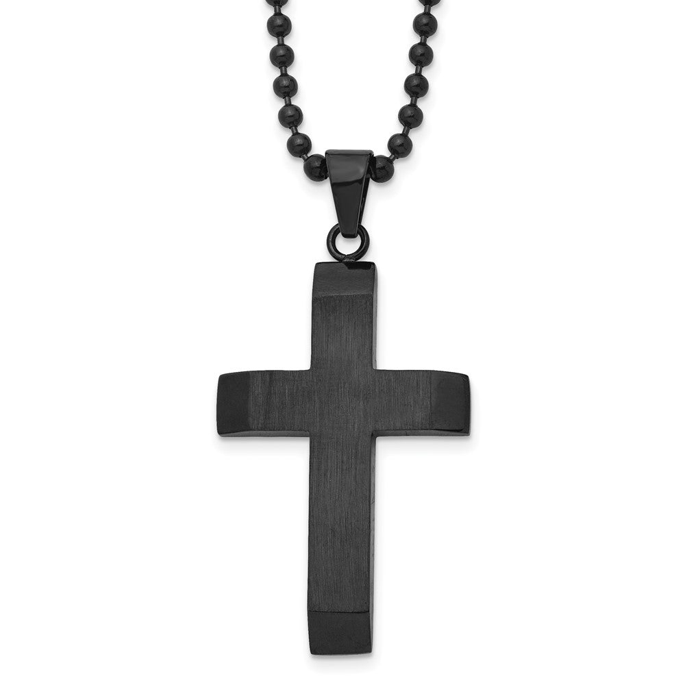 Chisel Stainless Steel Brushed & Polished Black IP-plated Cross Pendant on a 24-inch Ball Chain Necklace