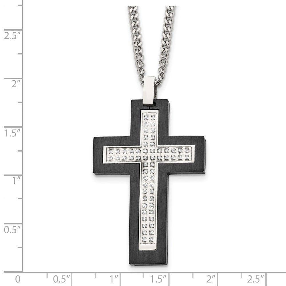 Chisel Stainless Steel Brushed & Polished Black IP -plated Edges CZ Cross Pendant on a 24-inch Cable Chain Necklace