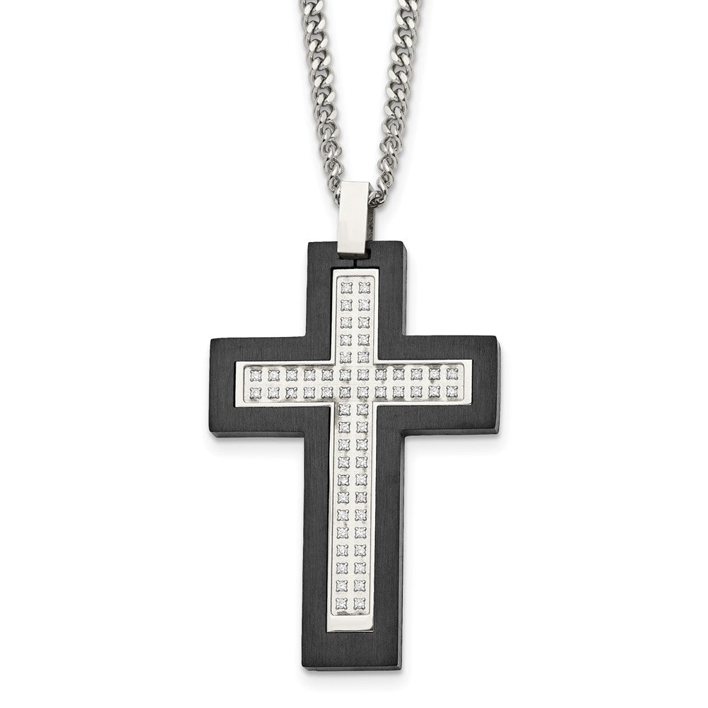 Chisel Stainless Steel Brushed & Polished Black IP -plated Edges CZ Cross Pendant on a 24-inch Cable Chain Necklace