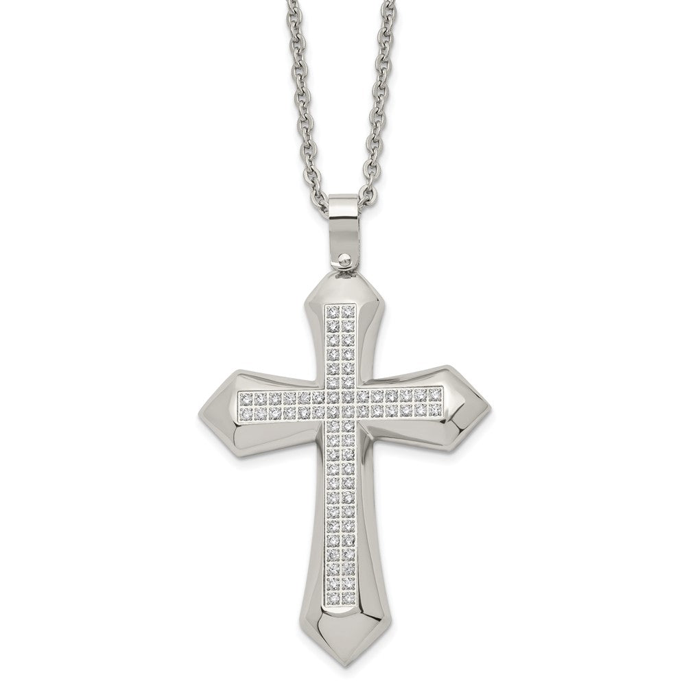Chisel Stainless Steel Polished with CZ Cross Pendant on a 24-inch Curb Chain Necklace