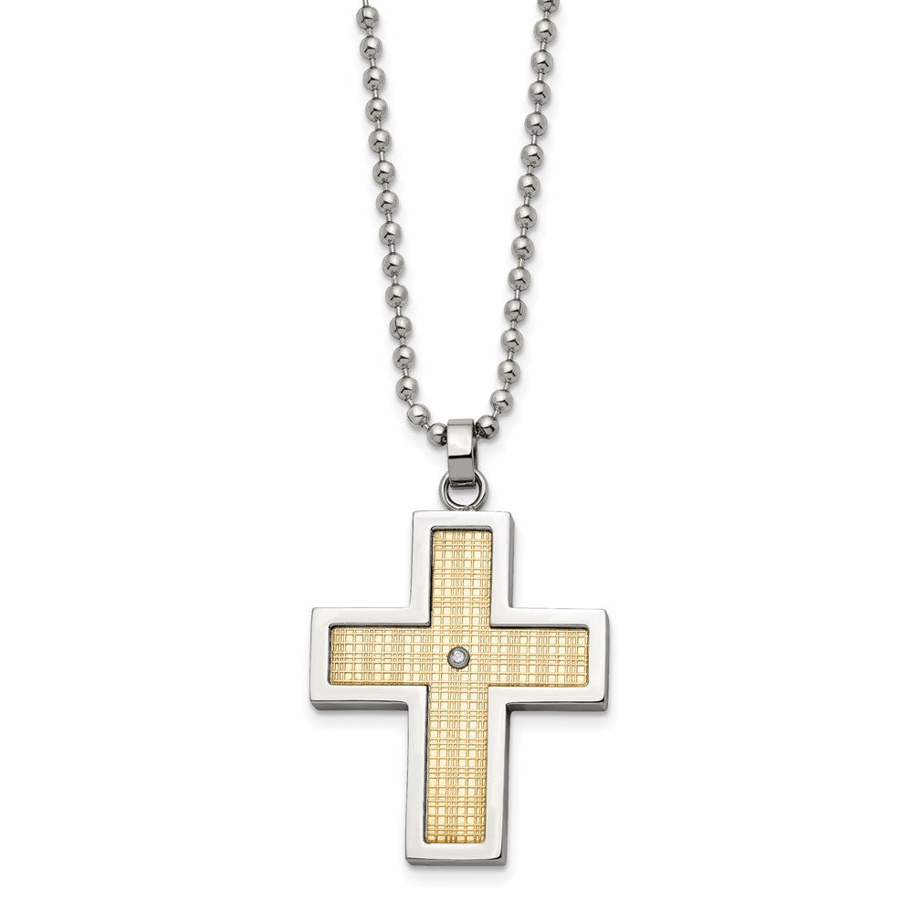Chisel Stainless Steel Polished with 18k Gold Accent .02 carat Diamond Cross Pendant on a 24-inch Ball Chain Necklace