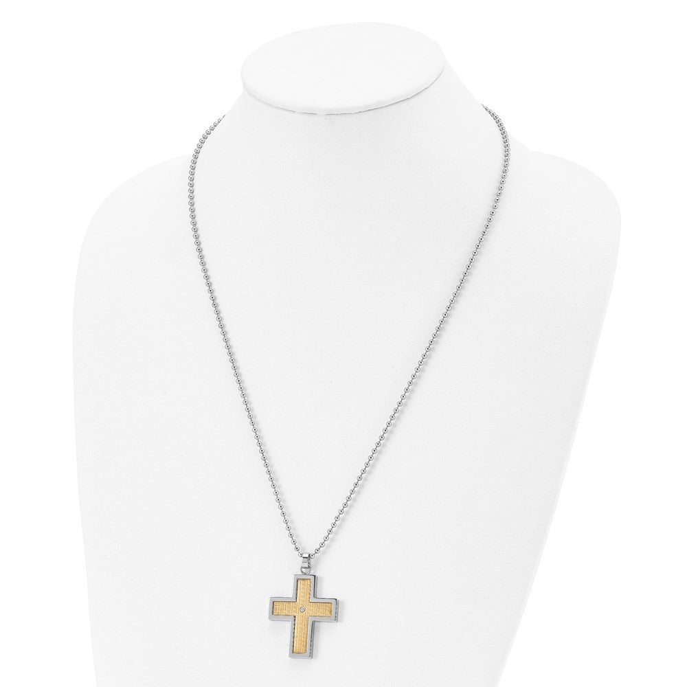 Chisel Stainless Steel Polished with 18k Gold Accent .02 carat Diamond Cross Pendant on a 24-inch Ball Chain Necklace