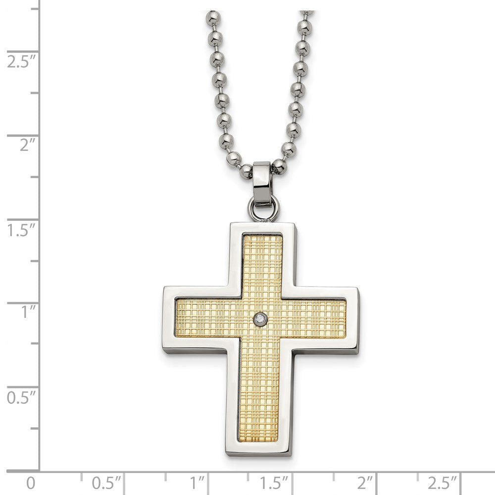 Chisel Stainless Steel Polished with 18k Gold Accent .02 carat Diamond Cross Pendant on a 24-inch Ball Chain Necklace