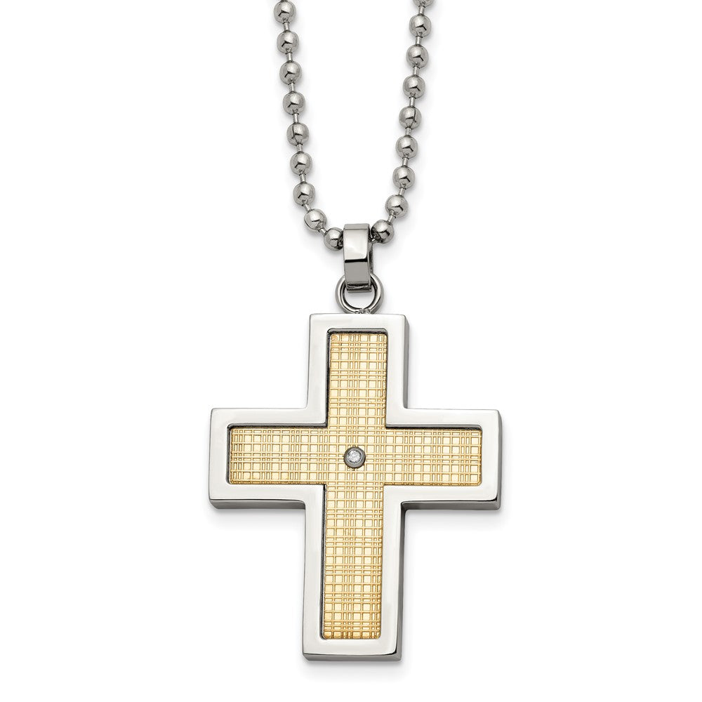 Chisel Stainless Steel Polished with 18k Gold Accent .02 carat Diamond Cross Pendant on a 24-inch Ball Chain Necklace