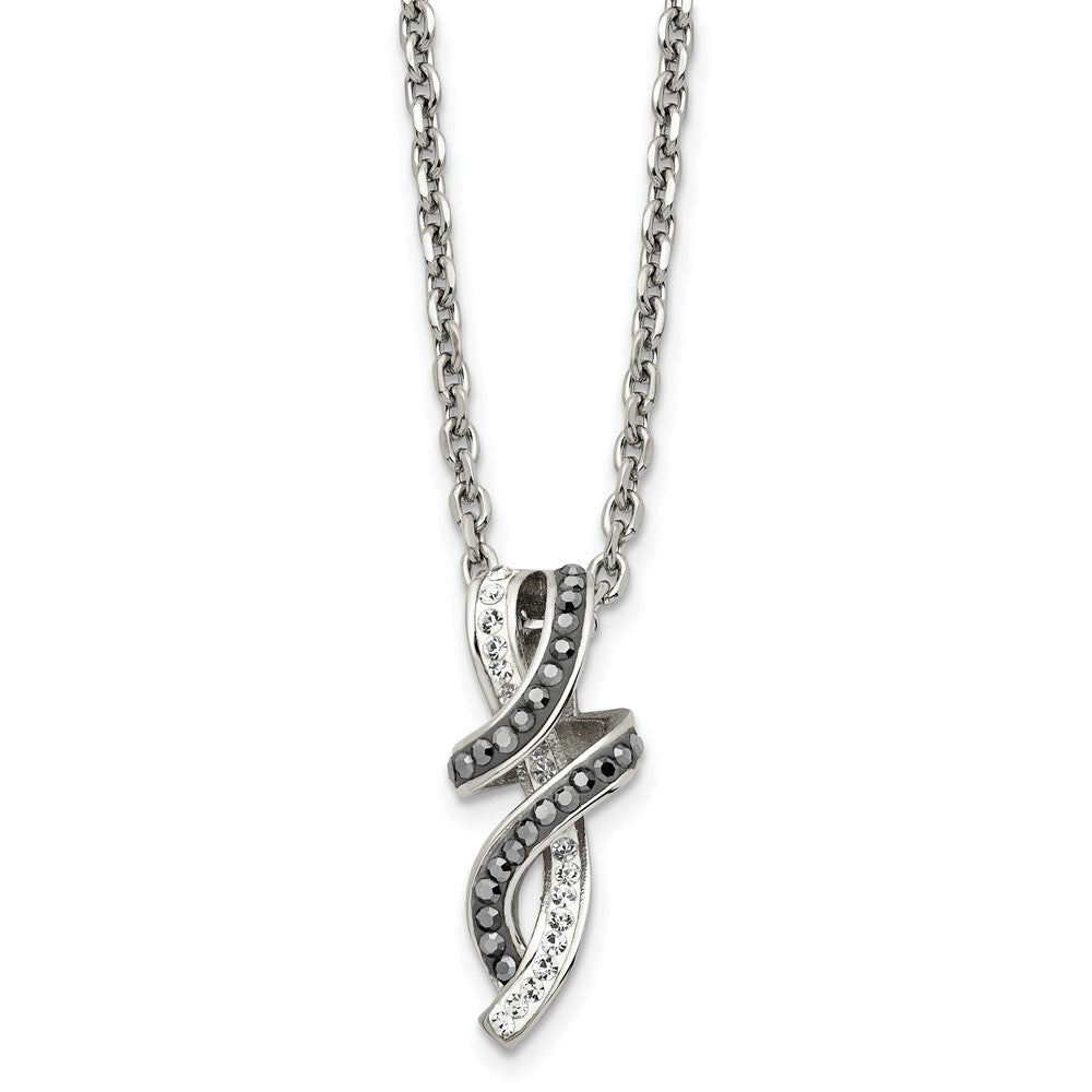 Chisel Stainless Steel Polished Black & White Crystal Fancy Twisted Pendant on an 18-inch Cable Chain Necklace