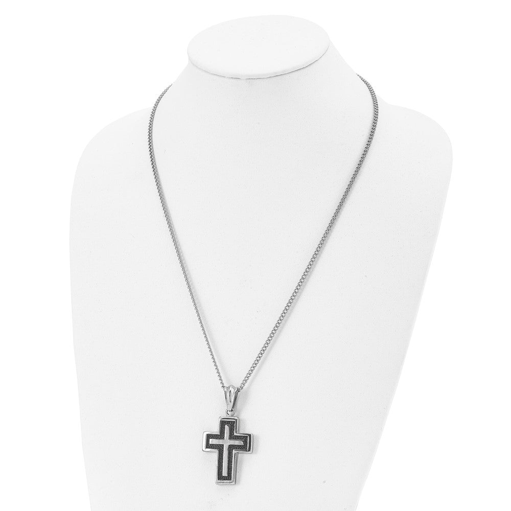 Chisel Stainless Steel Antiqued Polished & Textured Cross Pendant on a 24-inch Curb Chain Necklace