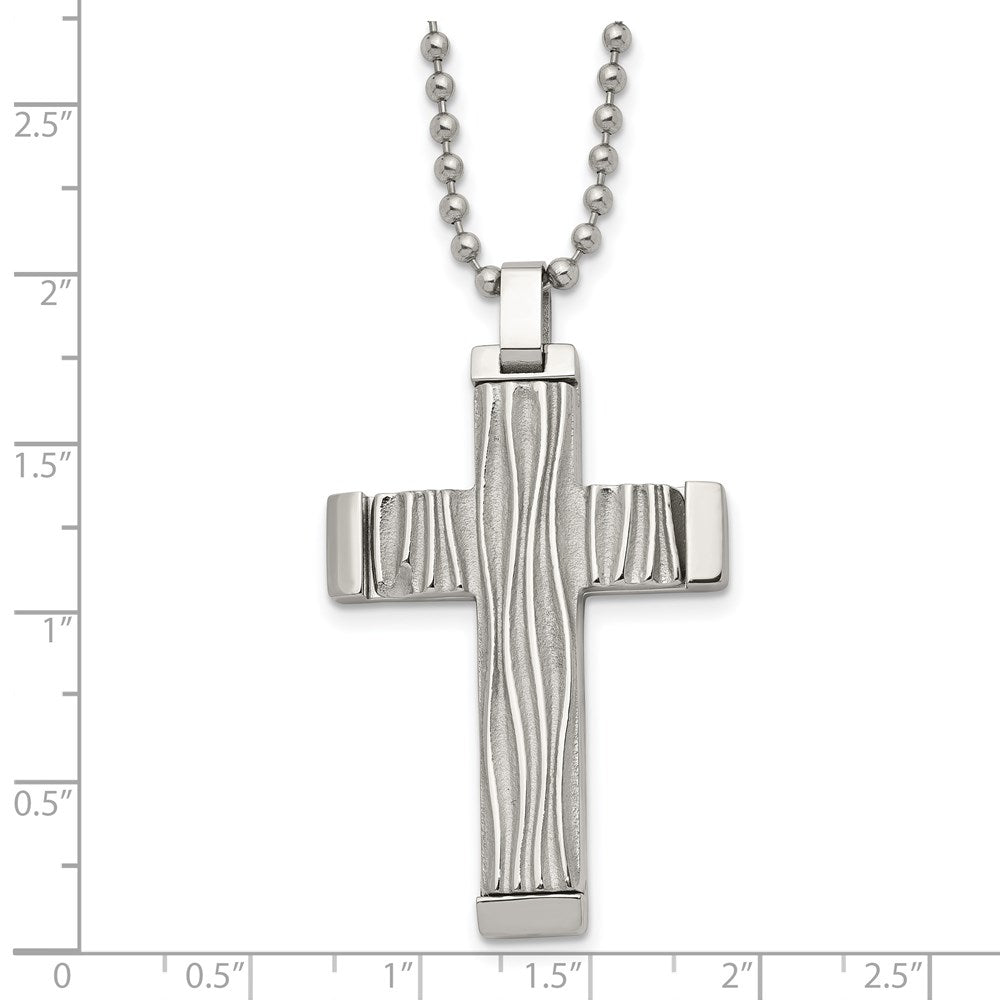 Chisel Stainless Steel Polished & Textured Wave Design Cross Pendant on a 22-inch Ball Chain Necklace