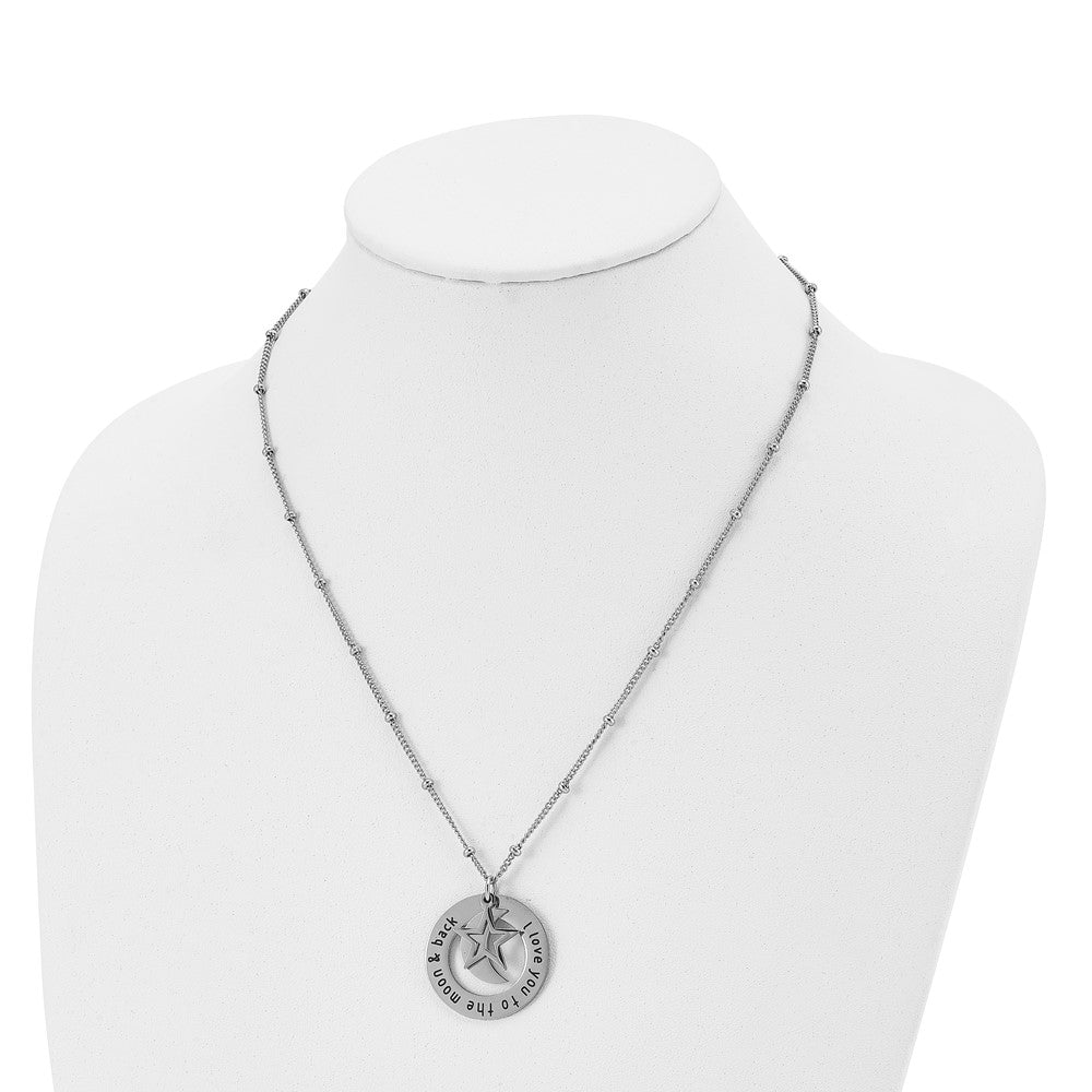 Chisel Stainless Steel Polished Enameled I LOVE YOU TO THE MOON & BACK with Moon & Star Pendant on a 20in Beaded Chain Necklace