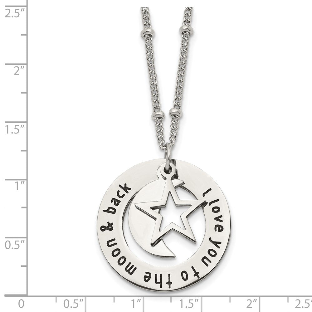 Chisel Stainless Steel Polished Enameled I LOVE YOU TO THE MOON & BACK with Moon & Star Pendant on a 20in Beaded Chain Necklace