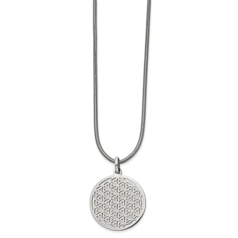 Chisel Stainless Steel Polished Flower Cut-out Small Circle Pendant on an 18-inch Snake Chain Necklace