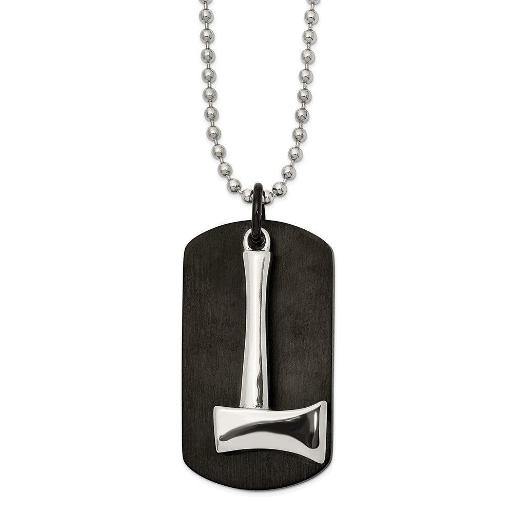 Chisel Stainless Steel Brushed & Polished Black IP-plated Dog Tag with Axe Pendant on a 24-inch Ball Chain Necklace