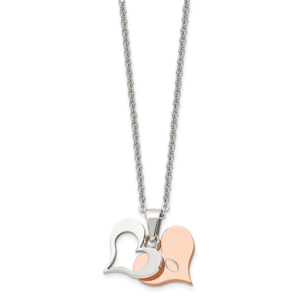 Chisel Stainless Steel Polished Rose IP-plated 2 Piece Heart Pendant on a 22-inch Cable Chain Necklace