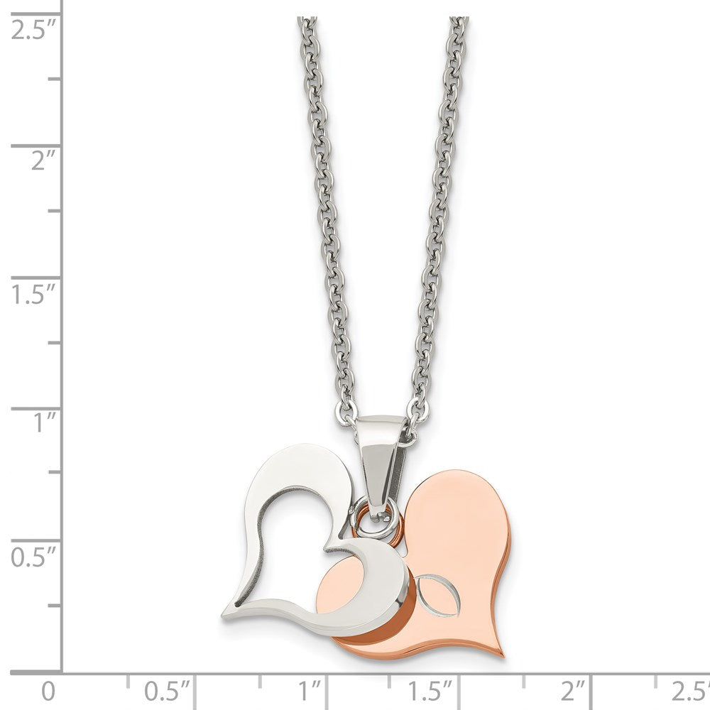 Chisel Stainless Steel Polished Rose IP-plated 2 Piece Heart Pendant on a 22-inch Cable Chain Necklace