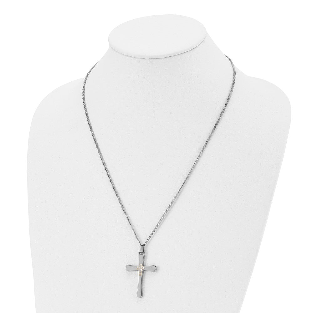 Chisel Stainless Steel Polished with 14k Gold Accent 1/15 carat Diamond Cross Pendant on a 22-inch Curb Chain Necklace