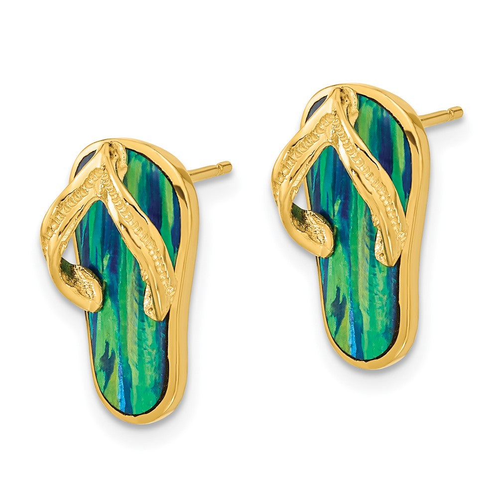 Polished w/ Created Blue Opal Flip Flop Post Earrings in 14k Yellow Gold