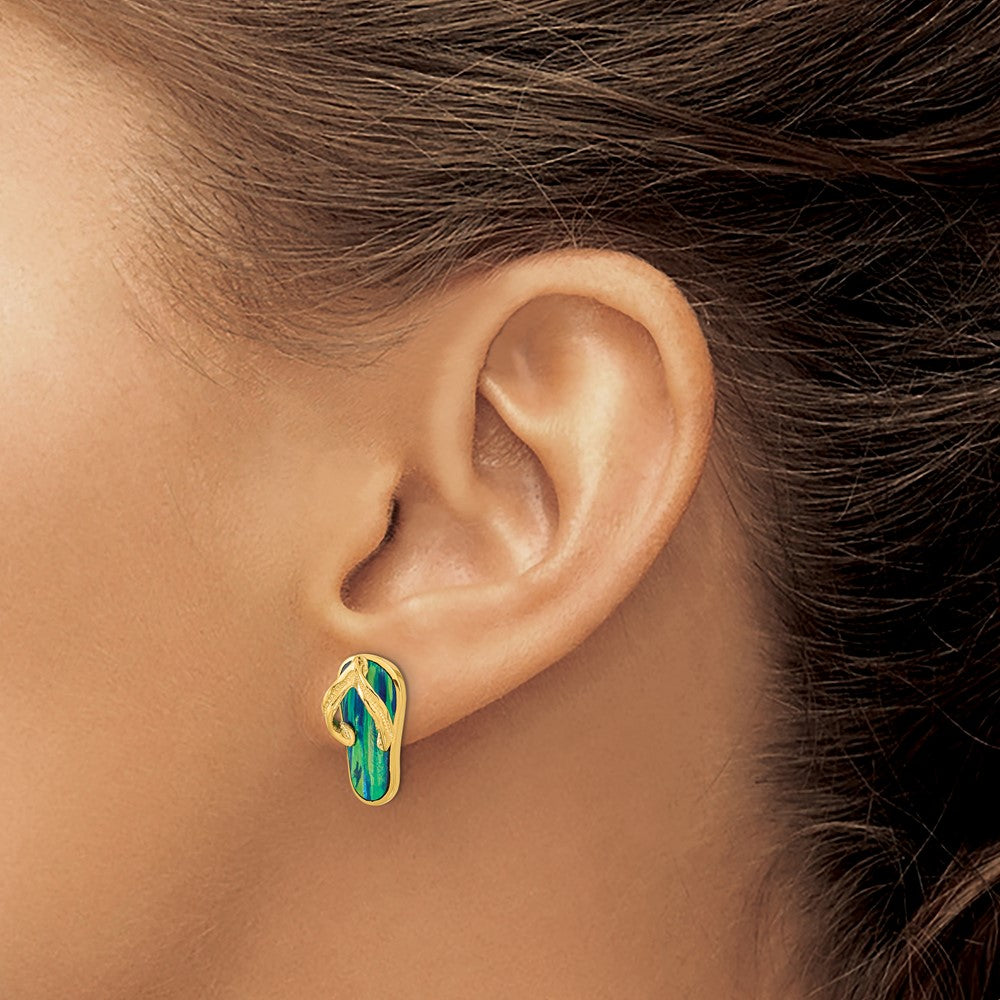 Polished w/ Created Blue Opal Flip Flop Post Earrings in 14k Yellow Gold