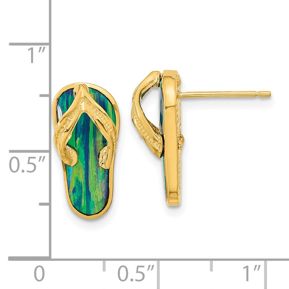 Polished w/ Created Blue Opal Flip Flop Post Earrings in 14k Yellow Gold