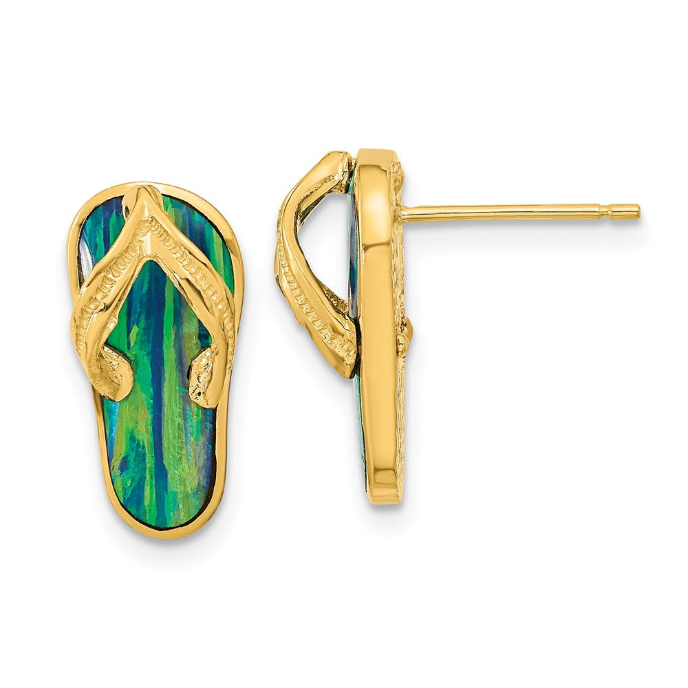Polished w/ Created Blue Opal Flip Flop Post Earrings in 14k Yellow Gold