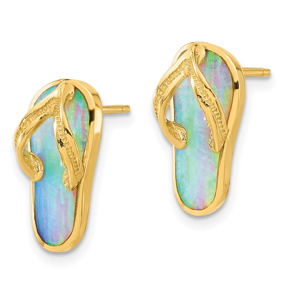 Polished w/ Created White Opal Flip Flop Post Earrings in 14k Yellow Gold