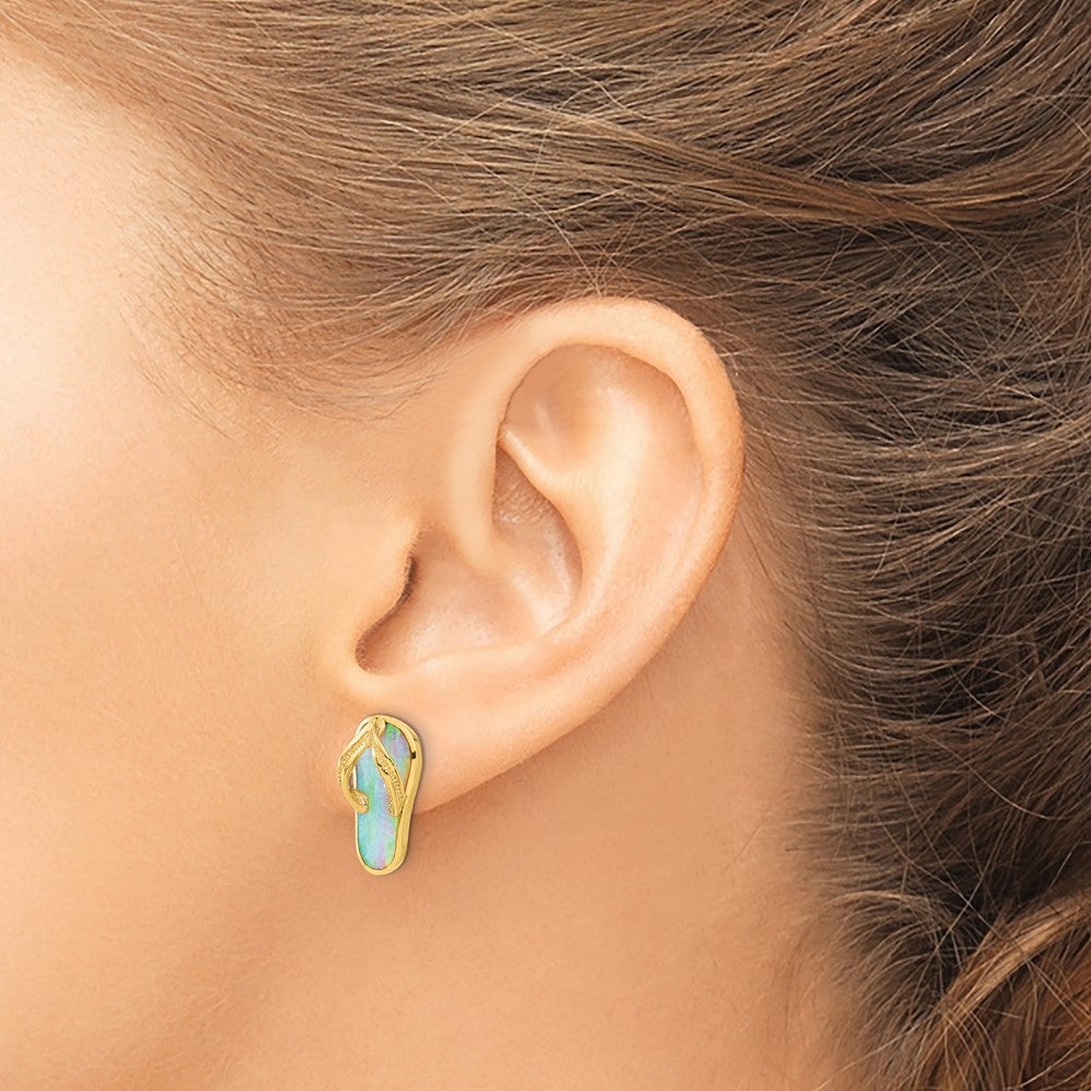Polished w/ Created White Opal Flip Flop Post Earrings in 14k Yellow Gold