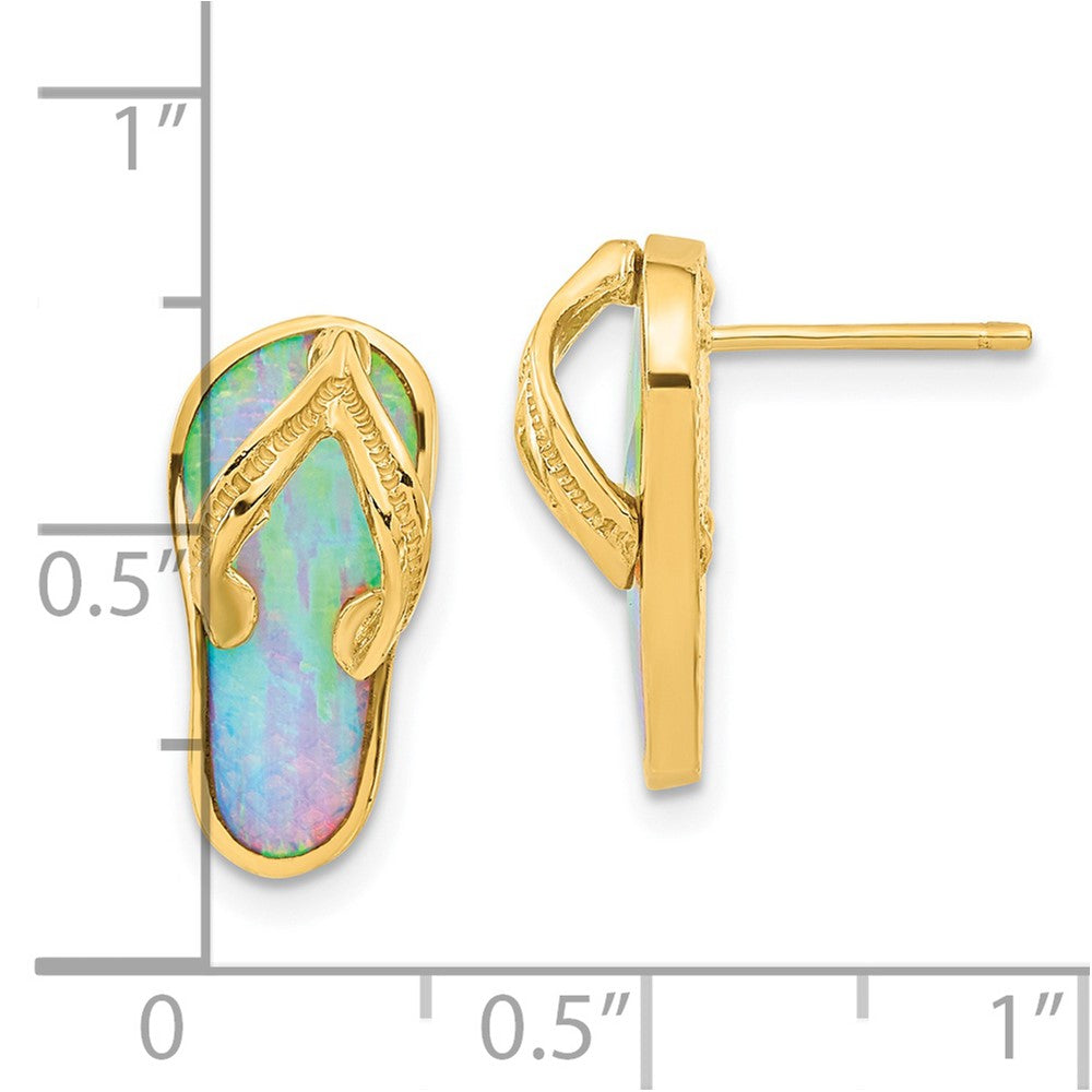Polished w/ Created White Opal Flip Flop Post Earrings in 14k Yellow Gold
