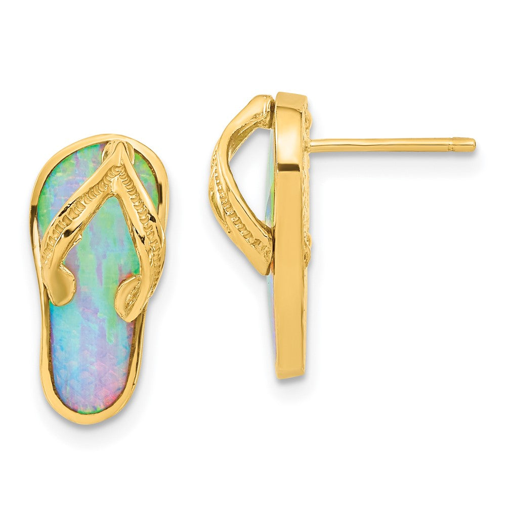 Polished w/ Created White Opal Flip Flop Post Earrings in 14k Yellow Gold