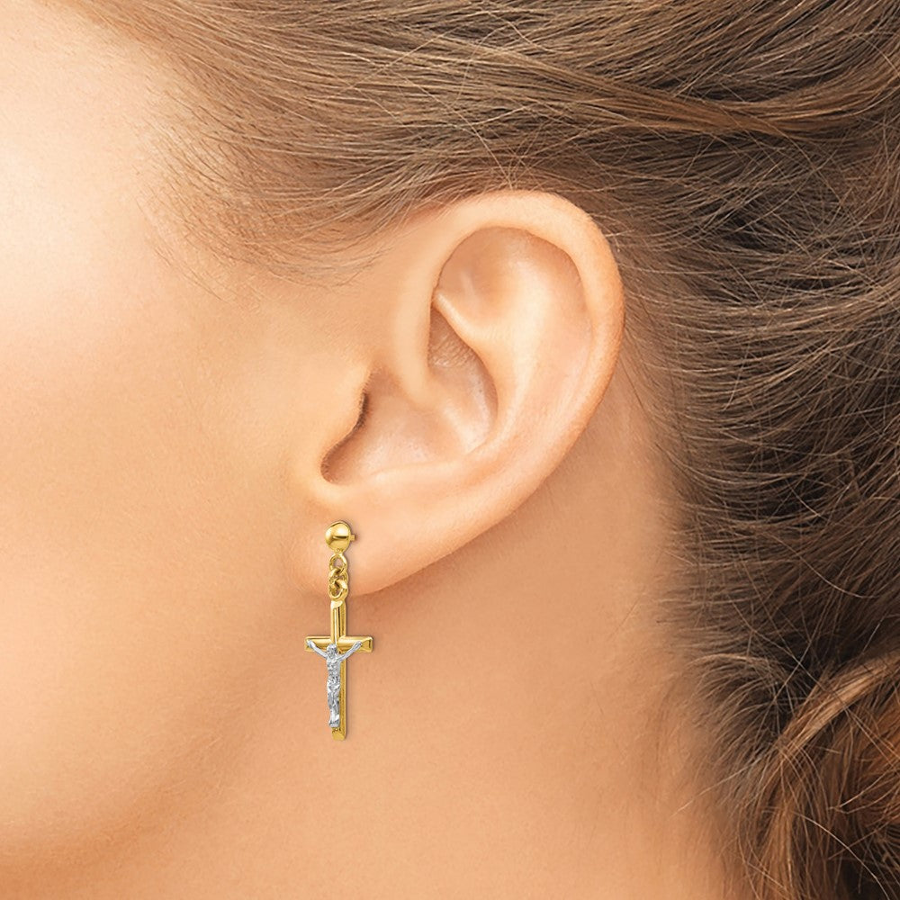 Two-tone Hollow Crucifix Earrings in 14k Yellow & White Gold