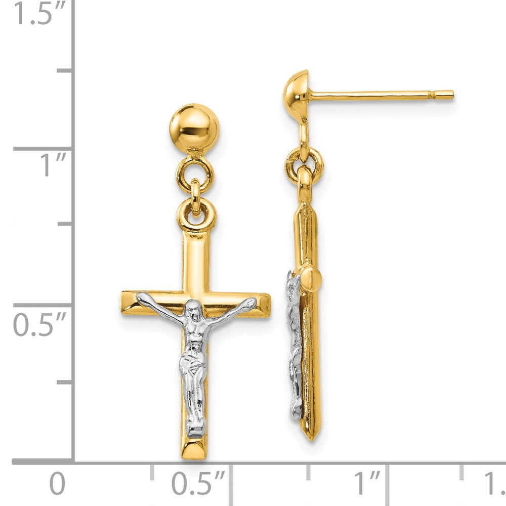 Two-tone Hollow Crucifix Earrings in 14k Yellow & White Gold