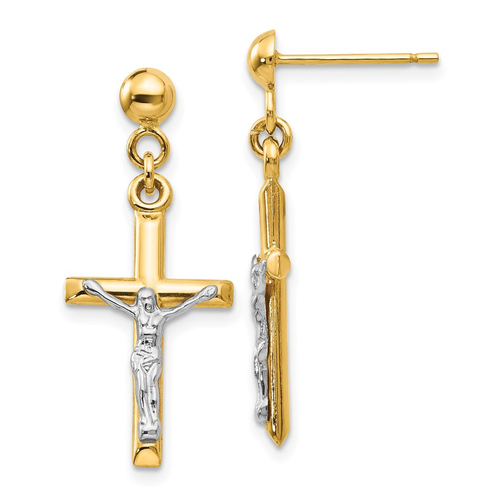 Two-tone Hollow Crucifix Earrings in 14k Yellow & White Gold