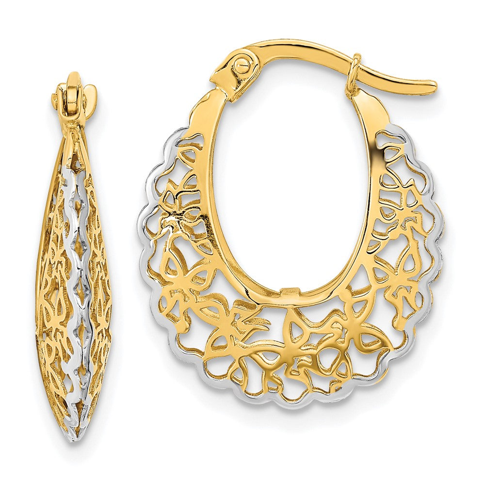 -Plated Polished Filigree Hoop Earrings in Rhodium-Plated 14k Yellow Gold