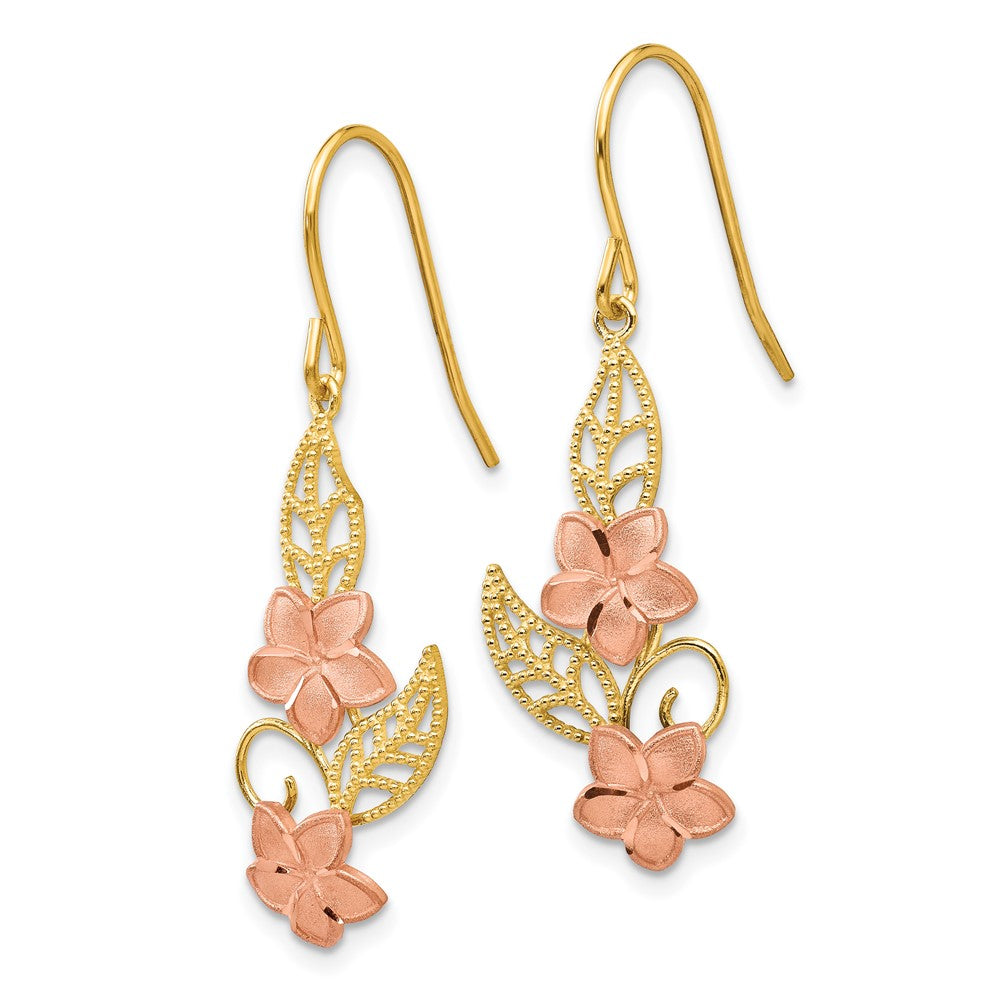 Two-tone Fancy Plumeria Dangle Earrings in 14k Yellow & White Gold