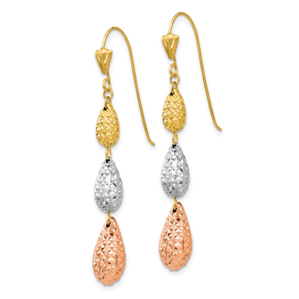 Tri-color Puff Diamond-cut Teardrop Dangle Earrings in 14k White & Yellow & Rose Gold