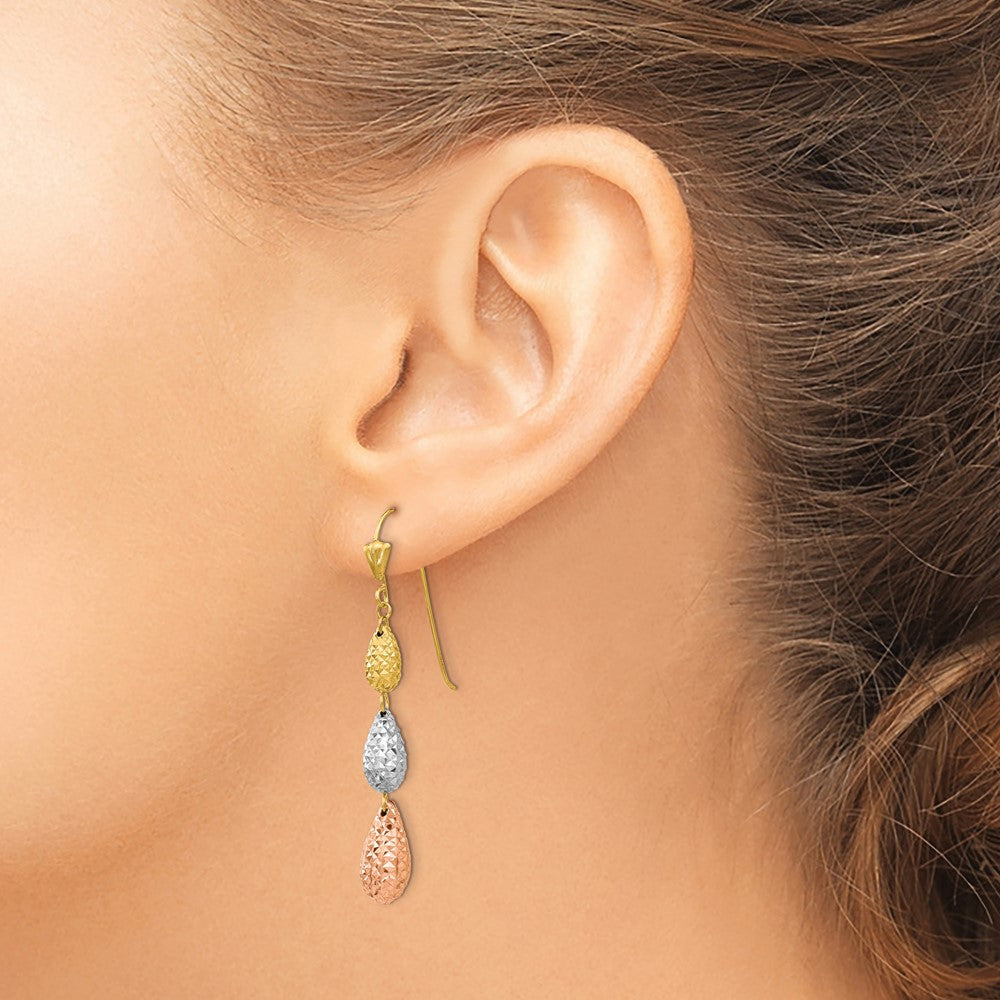 Tri-color Puff Diamond-cut Teardrop Dangle Earrings in 14k White & Yellow & Rose Gold