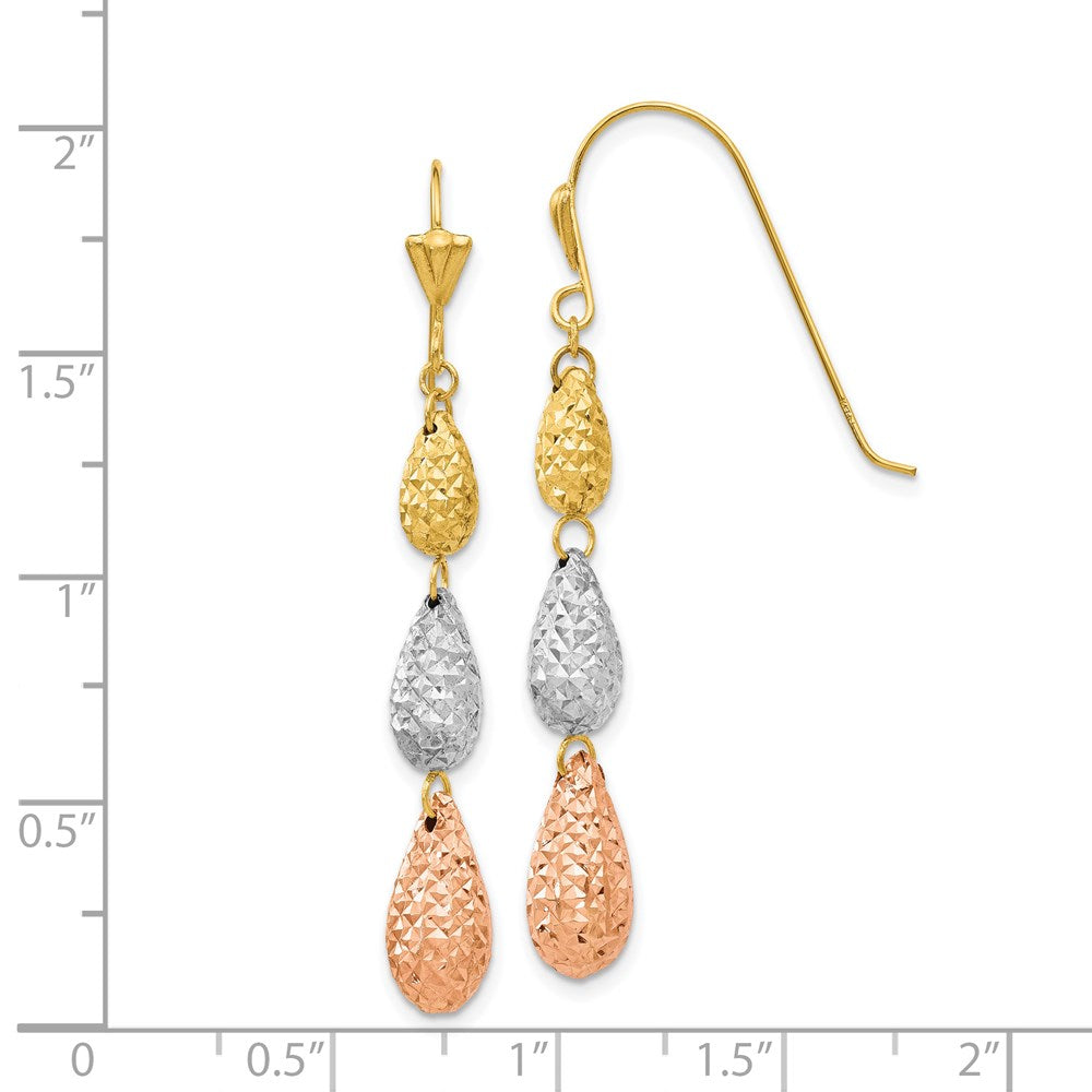 Tri-color Puff Diamond-cut Teardrop Dangle Earrings in 14k White & Yellow & Rose Gold