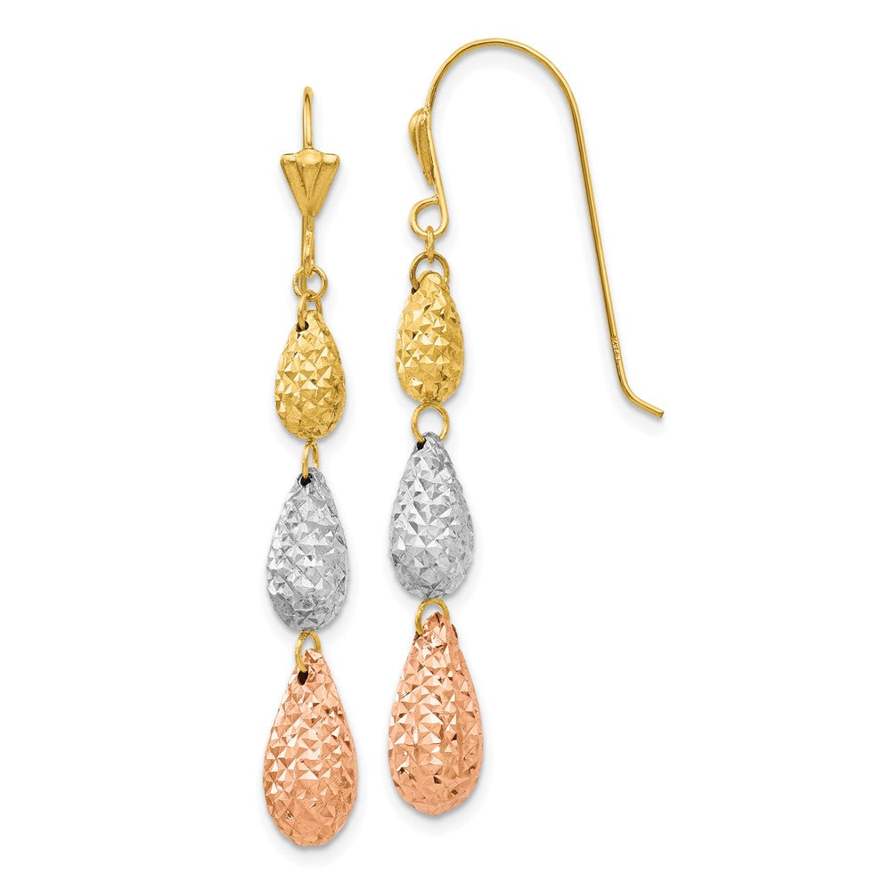 Tri-color Puff Diamond-cut Teardrop Dangle Earrings in 14k White & Yellow & Rose Gold