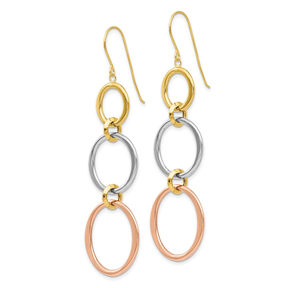 Tri-color Triple Circle Dangle Earrings in 14k White & Yellow & Rose Gold